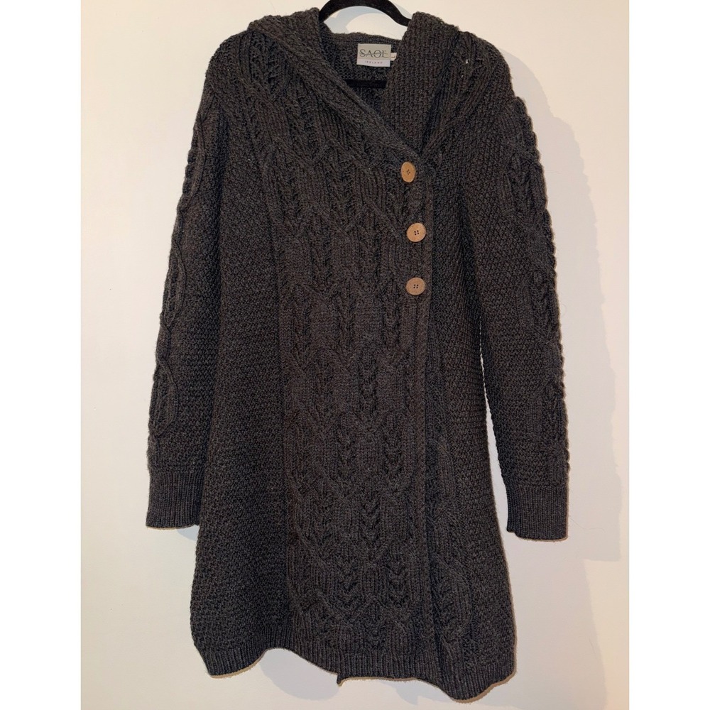 SAOL Ireland‎ Women 100% Merino Wool Cable Knit Hooded Cardigan Charcoal Gray L